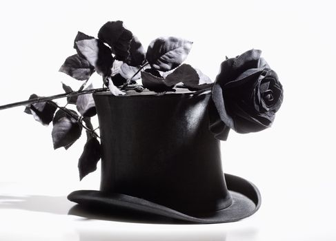 Black Top Hat and Black Rose - Isolated on White