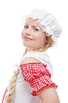 Portrait of a Young Country Girl with Long Blond Braids and White Cap.