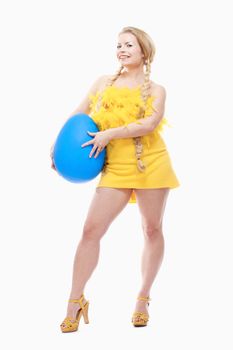 Easter - Young Woman with Long Blond Hair, Yellow Dress and Large Blue Egg.