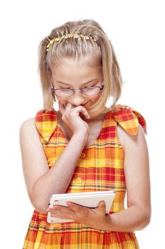 Portrait of a Little Girl with Glasses Holding Tablet - Isolated on White