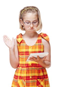 Portrait of a Little Girl with Glasses Holding Tablet - Isolated on White