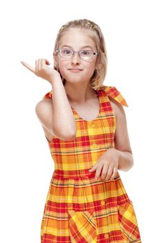 Little Girl with Glasses Threatening with Finger - Isolated on White