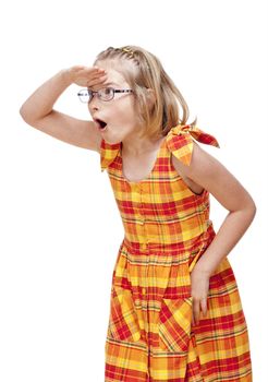 Little Girl with Blond Hair and Glasses Looking - Isolated on White