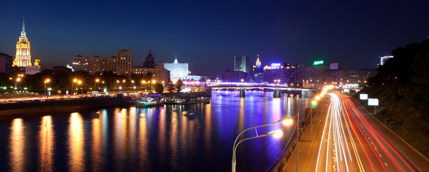 Russia-23.05.2014, Night Moscow panorama view on the river from the bridge of Bogdan Khmelnitsky, editorial use only