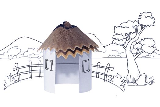 Paper Hut, Pencil Shavings Roof with Line drawing background