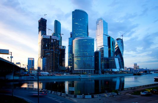 Russia-06.08.2014, the night view of the Moskva River and the business district Moscow City, editorial use only