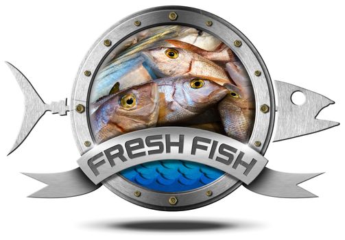 Metallic icon with metallic fish and ribbon with inside fresh fishes at market. Isolated on a white background