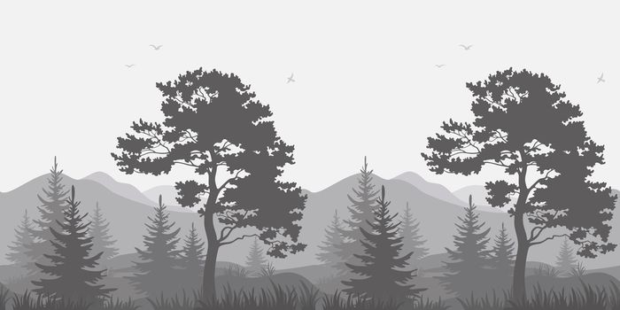 Seamless, mountain landscape with pines, conifer trees, birds and grass, gray silhouettes. 