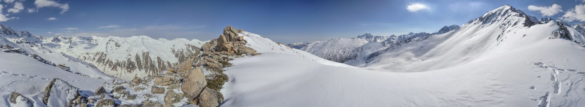 Scenic panorama of snowy slopes of Kackar Mountains in Turkey
