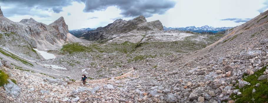 Scenic panorama of hikers ascending in Julian Alps, Slovenia