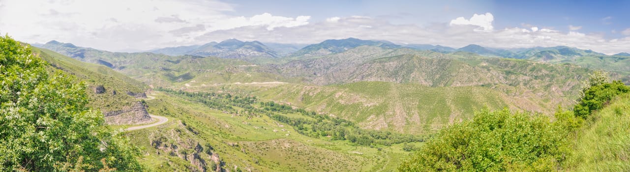 Scenic panorama of green landscape in mountainous Karabakh