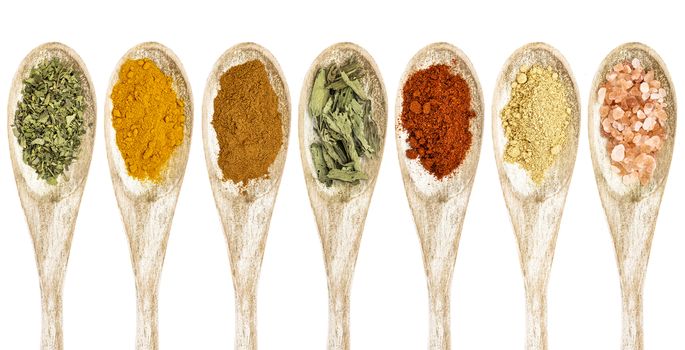 healthy seasoning and spices - a collection of isolated wooded spoons