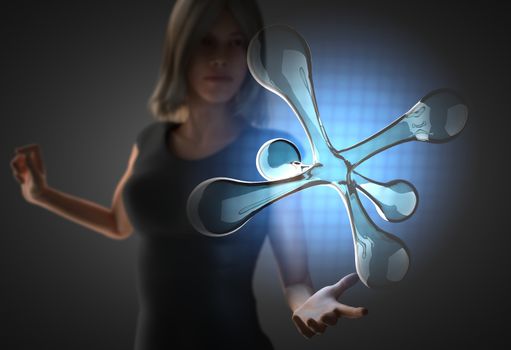 woman and futusistic hologram on hand