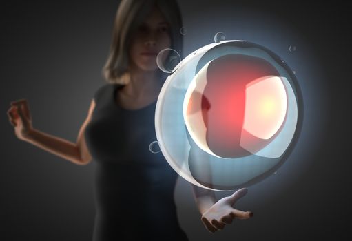 woman and futusistic hologram on hand