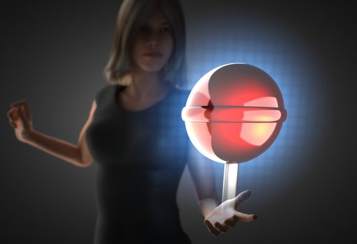 woman and futusistic hologram on hand
