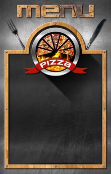 Empty blackboard with wooden frame, symbol with pizza slices and red ribbon with text pizza. Template for a pizza menu 