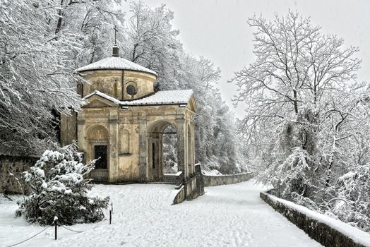 The Chapel on the Sacred Way in an snowy afternoon, Varese
