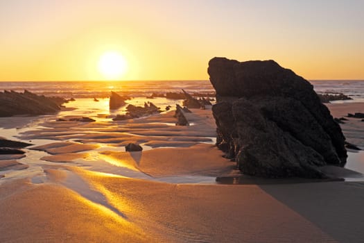 Natural rocks at the atlantic ocean in Portugal at twilight