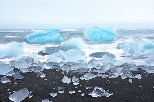Ice rocks on a black sand beach in Iceland
