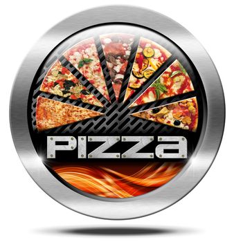 Metal round icon or symbol with pizza slices, flames and text pizza. Isolated on white background