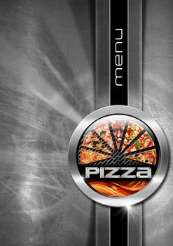 Pizza menu design with metallic round pizza symbol on steel brushed background with black vertical band and written menu
