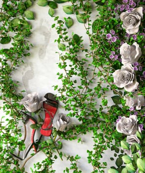 flowers and plants holiday sale concept background with shoes