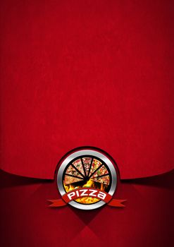 Pizza menu design with metallic round pizza symbol on red velvet background with shadows. Template for a pizza menu