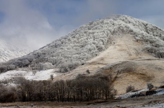 Mount Beshtau Ridges and Hills with Snowy Trees on Cloudy Sky background Outdoors