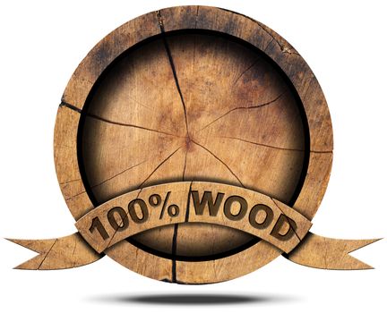Wooden icon with wooden ribbon and text, 100% (percent) wood. Isolated on white background