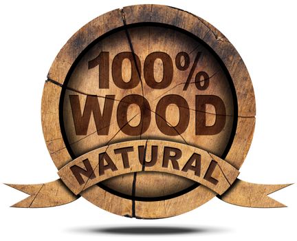 Wooden icon with wooden ribbon and text, 100% (percent) wood natural. Isolated on white background