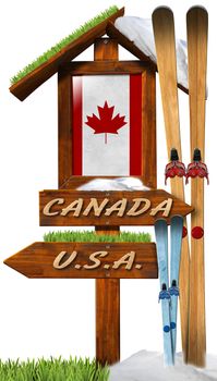Wooden directional signal with text Usa and Canada, Canadian flag and skis. Concept of winter vacations in Canada
