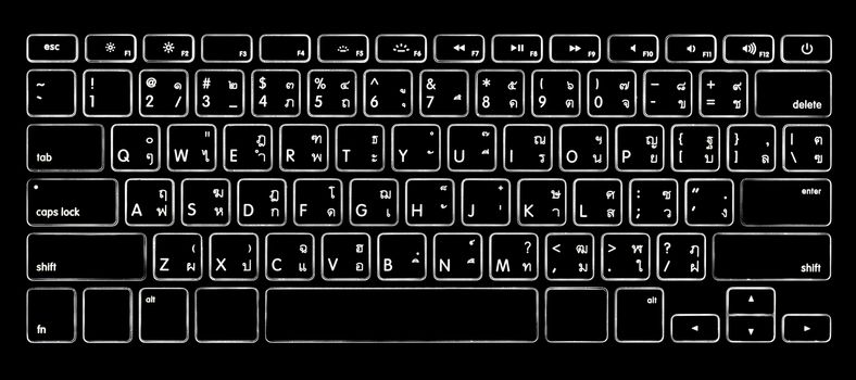 computer thai alphabet keyboard with illuminated backlight.
