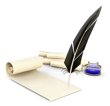 old-fashioned feather with ink and blank scrolls for writing business correspondence letters at old times