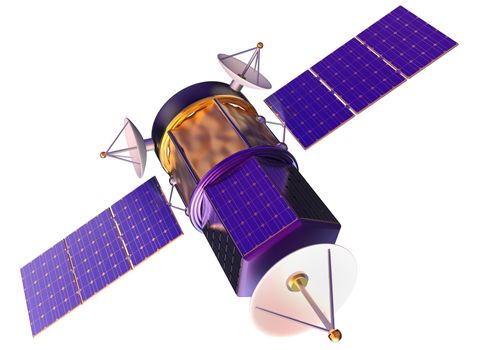 3D model of an artificial satellite of the Earth, equipped solar panels and parabolic satellite communications antenna