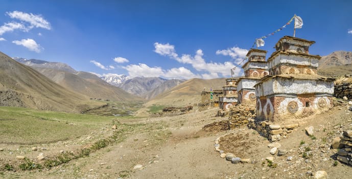 Scenic panorama of Buddhist shrines in Dolpo region in Nepal