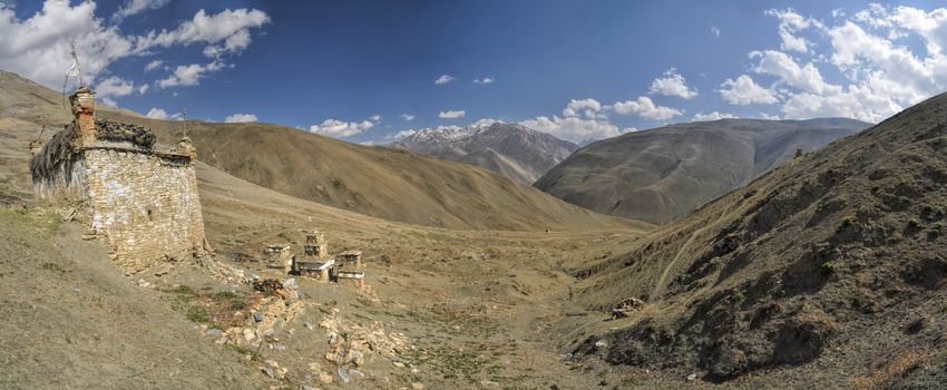 Scenic panorama of Buddhist shrines in Dolpo region in Nepal