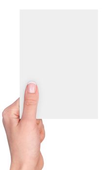 Women's fingers holding a blank business card isolated on white background 