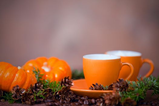 Delicious coffee in orange cups, small  pumpkins and pine boughs on blurred neutral background