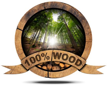Wooden icon with trunks of trees cut and green forest with sun rays, wooden ribbon and text, 100% (percent) wood. Isolated on white background