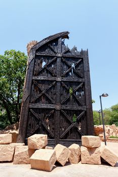 Gigantic door near bridge in famous Lost City in Sun City, South Africa.