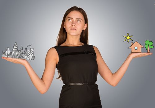 Woman making choice between city and country, on gray background