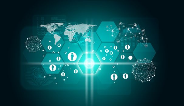 Hexagons, graphs and world map. Technology background