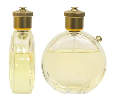 Studio photography of perfume bottle, front and side view, isolated on white background