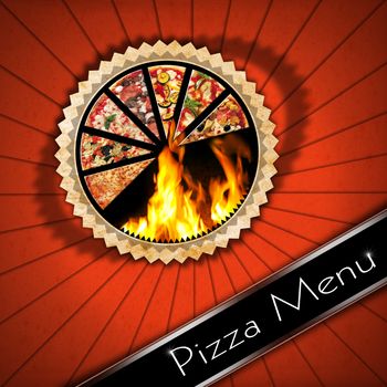 Pizza vintage menu design with slices of pizza and flames, black diagonal band with text pizza menu