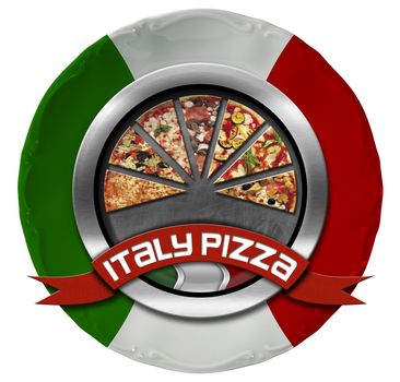 Metal icon or symbol with pizza slices on plate colored with the colors of Italian flag. Isolated on white background