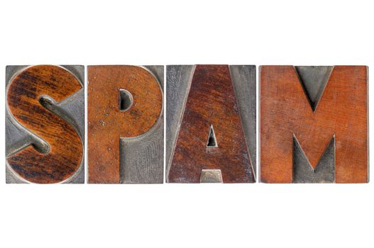 spam  word (unsolicited and unwanted commercial email messages) in isolated vintage wooden letterpress type blocks