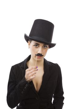 Woman in business. Beautiful young girl with cylinder hat, black dress and mustache isolated on white background. Female discrimination in workplace.