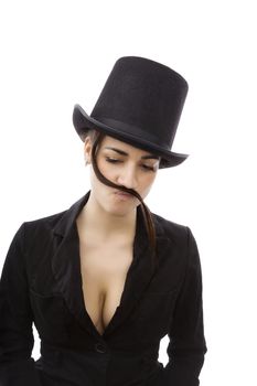 Business woman. Beautiful young girl with cylinder hat and black dress with mustache from hair. 