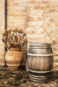 barrel and vase in an italian village