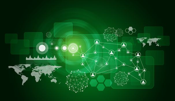 Hexagons, graphs and world map. Technology background